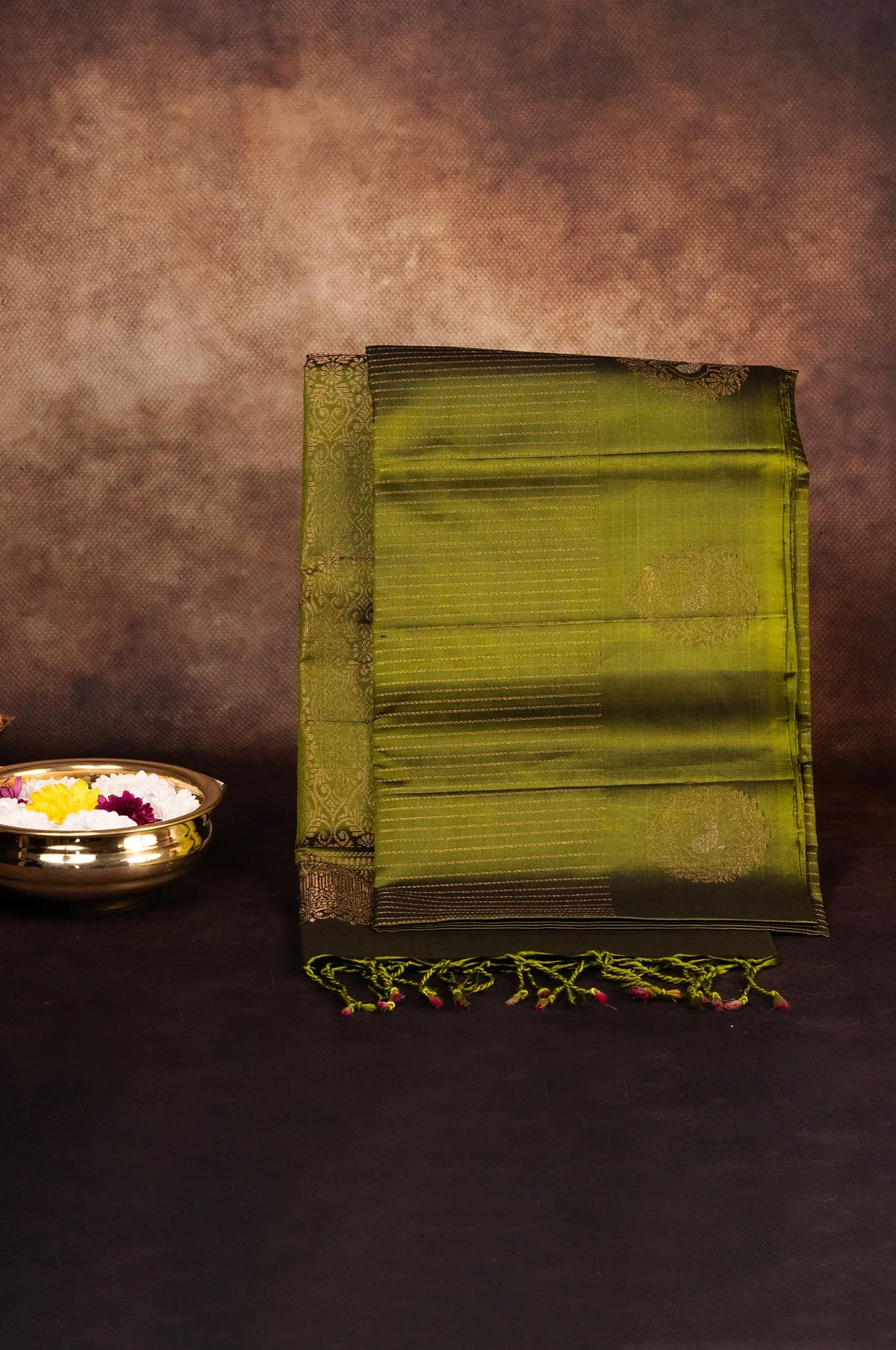 Mayuri Silk  Olive Green Self Saree