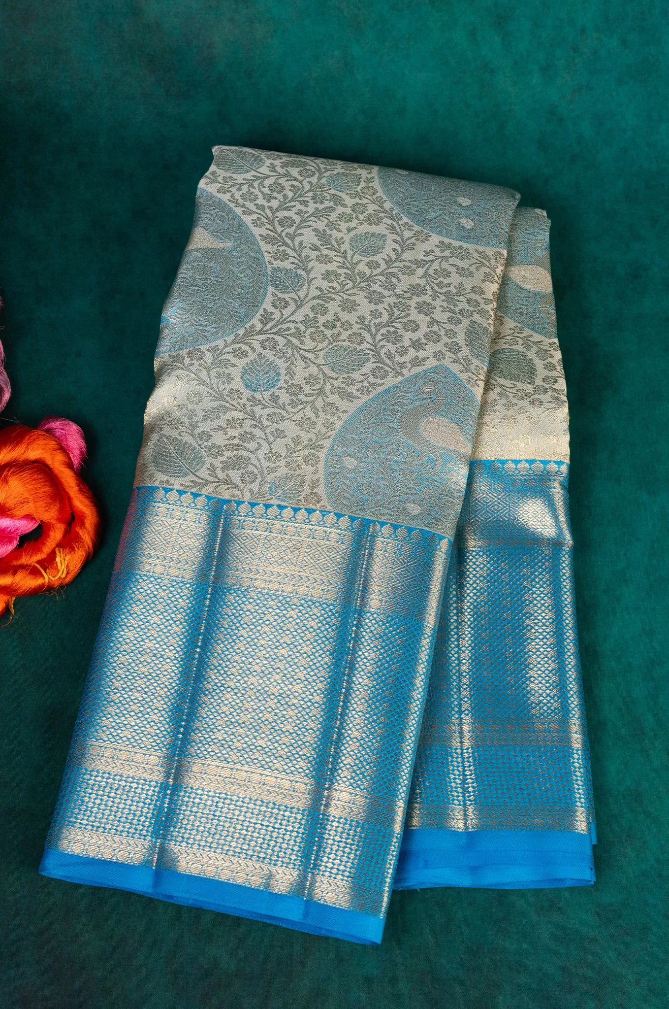 Cream Colour Saree With Sky Blue Border Kanchipuram Silk