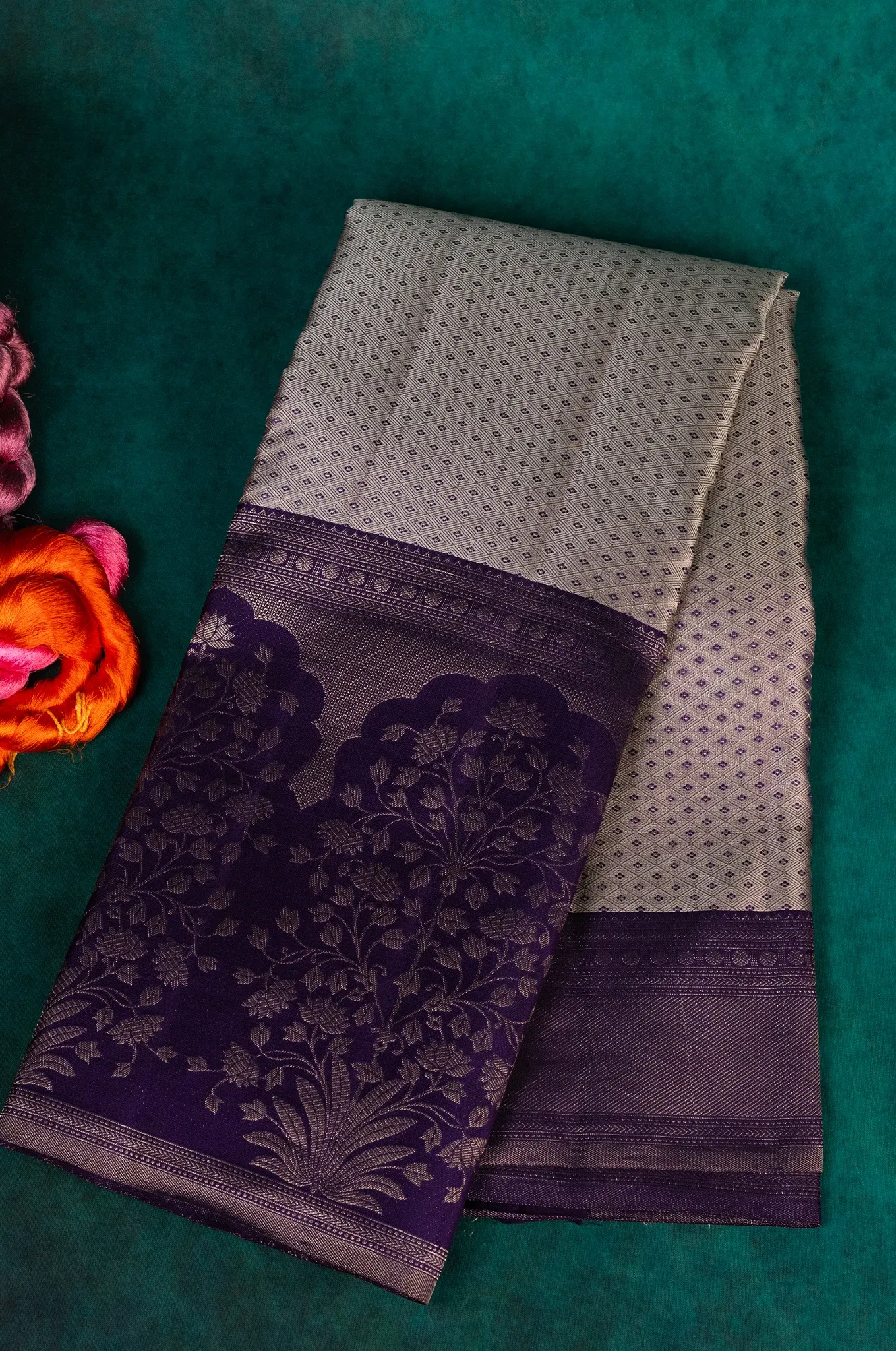 Light Blue With Dark Purple Contrast Kanchipuram Silk