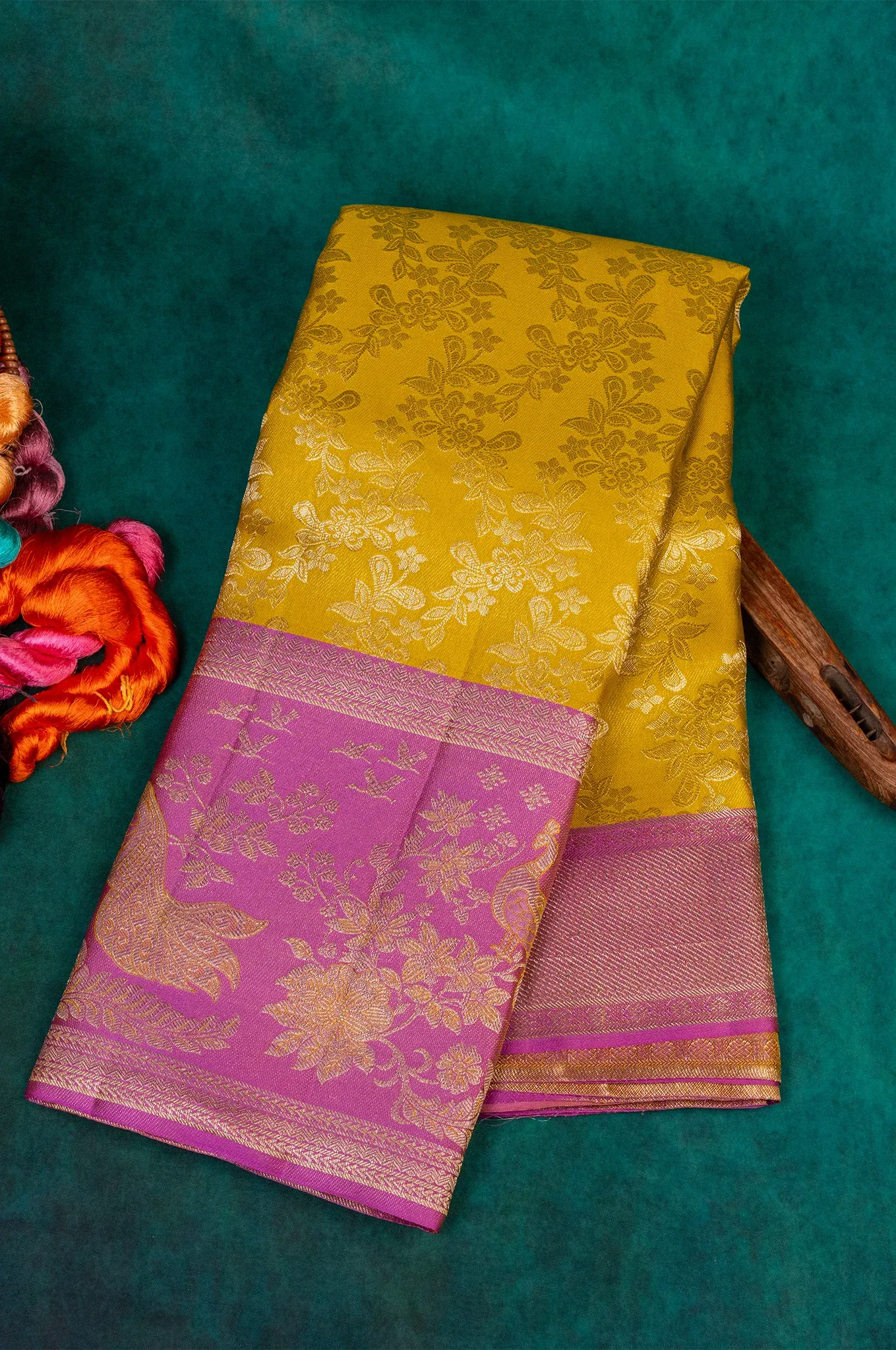 Mustard Yellow With Pink Border Kanchipuram Silk
