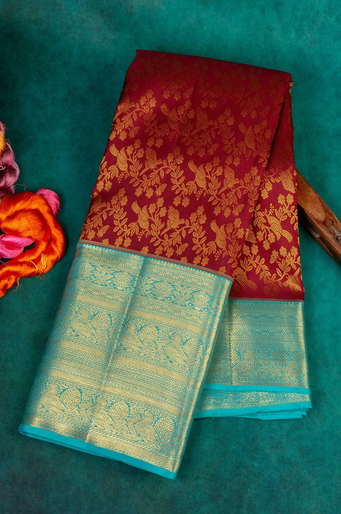 Maroon With Teal Blue Border Kanchipuram Silk