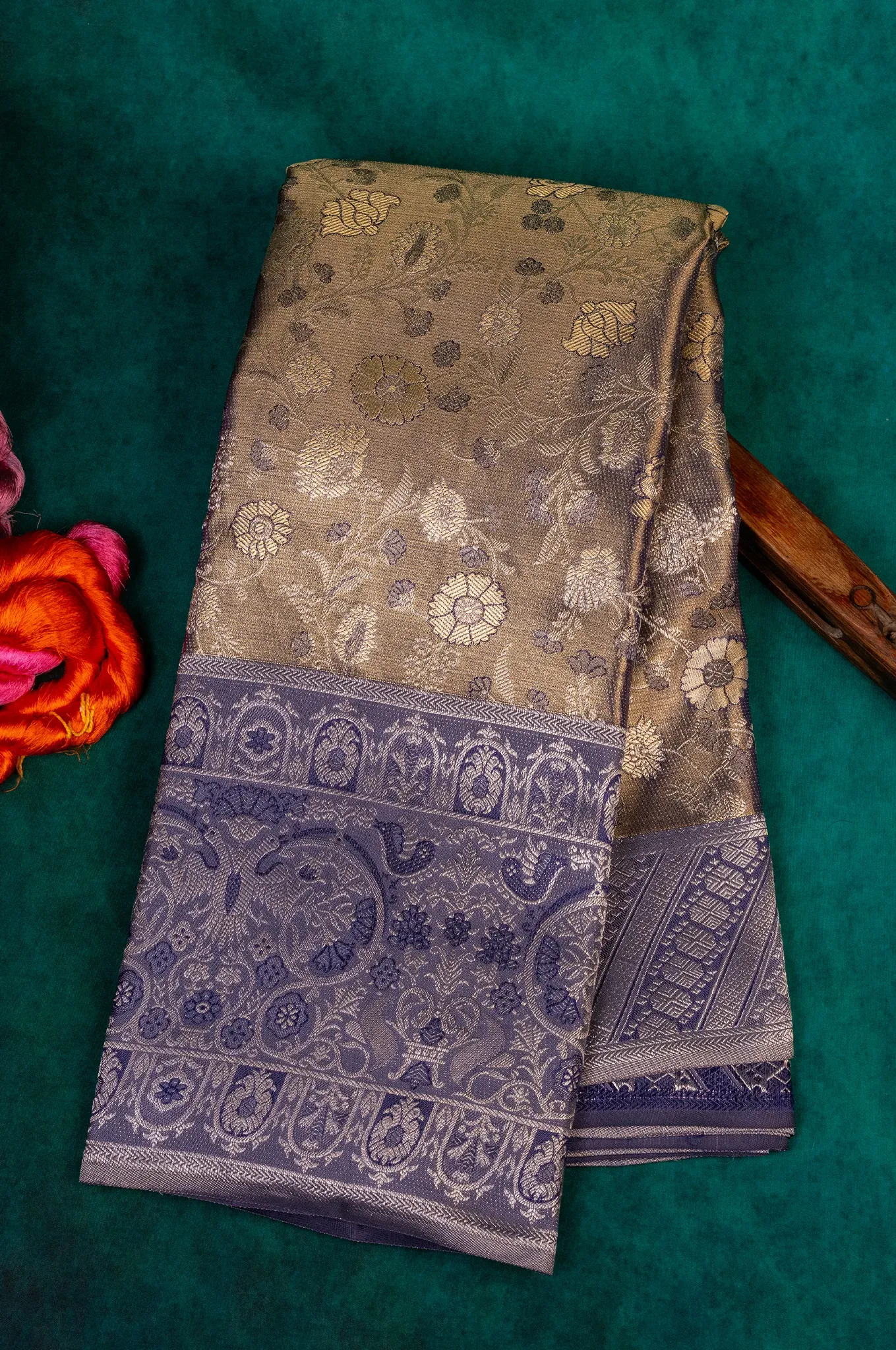 Light Taupe Colour With Rich Purple Border Kanchipuram Silk
