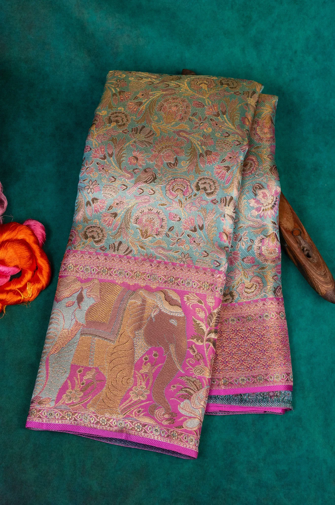 Teal Colour With Pink Colour Border Kanchipuram Silk