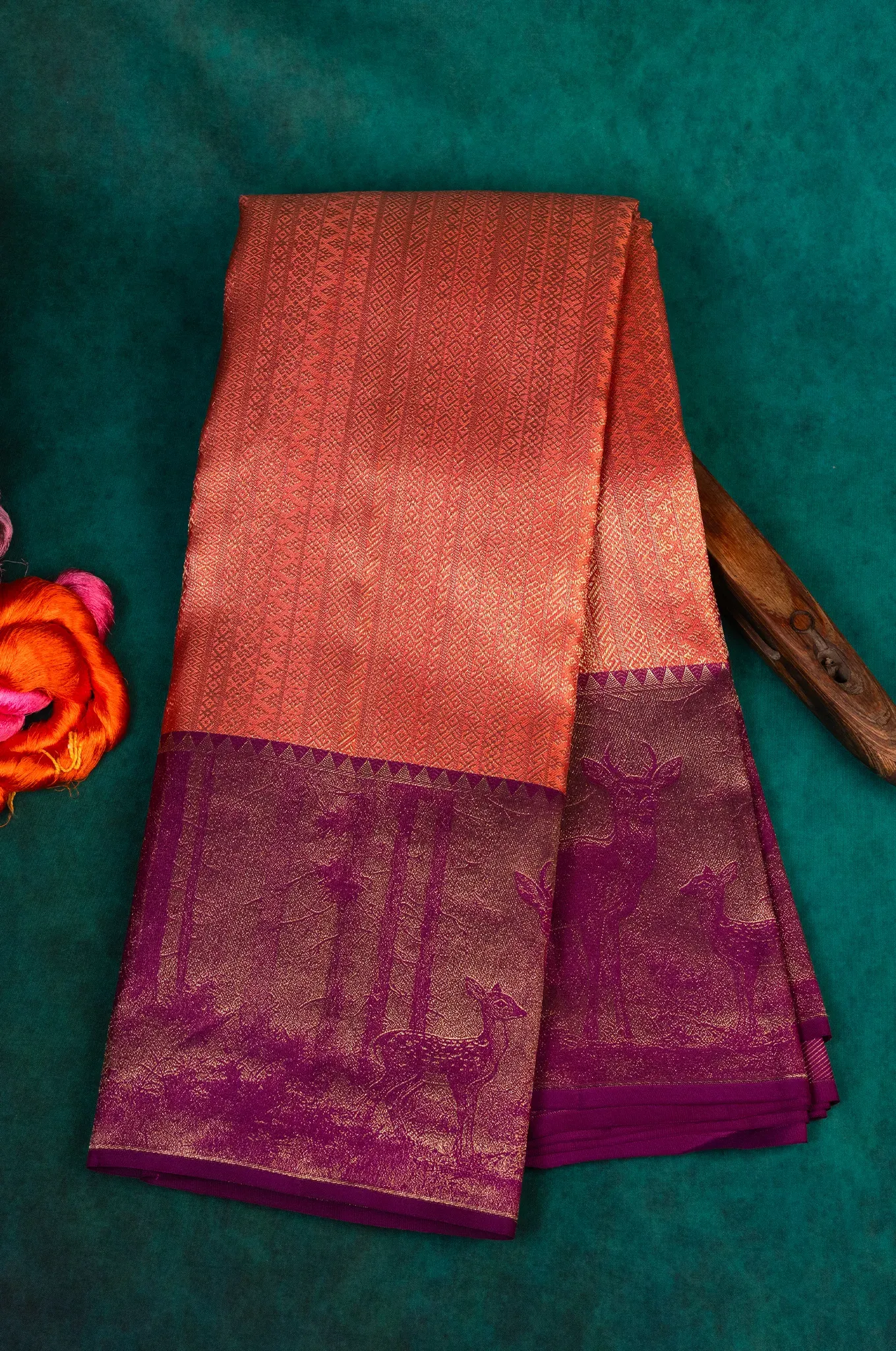 Reddish Orange With Deep Violet Purple Border Kanchipuram Silk