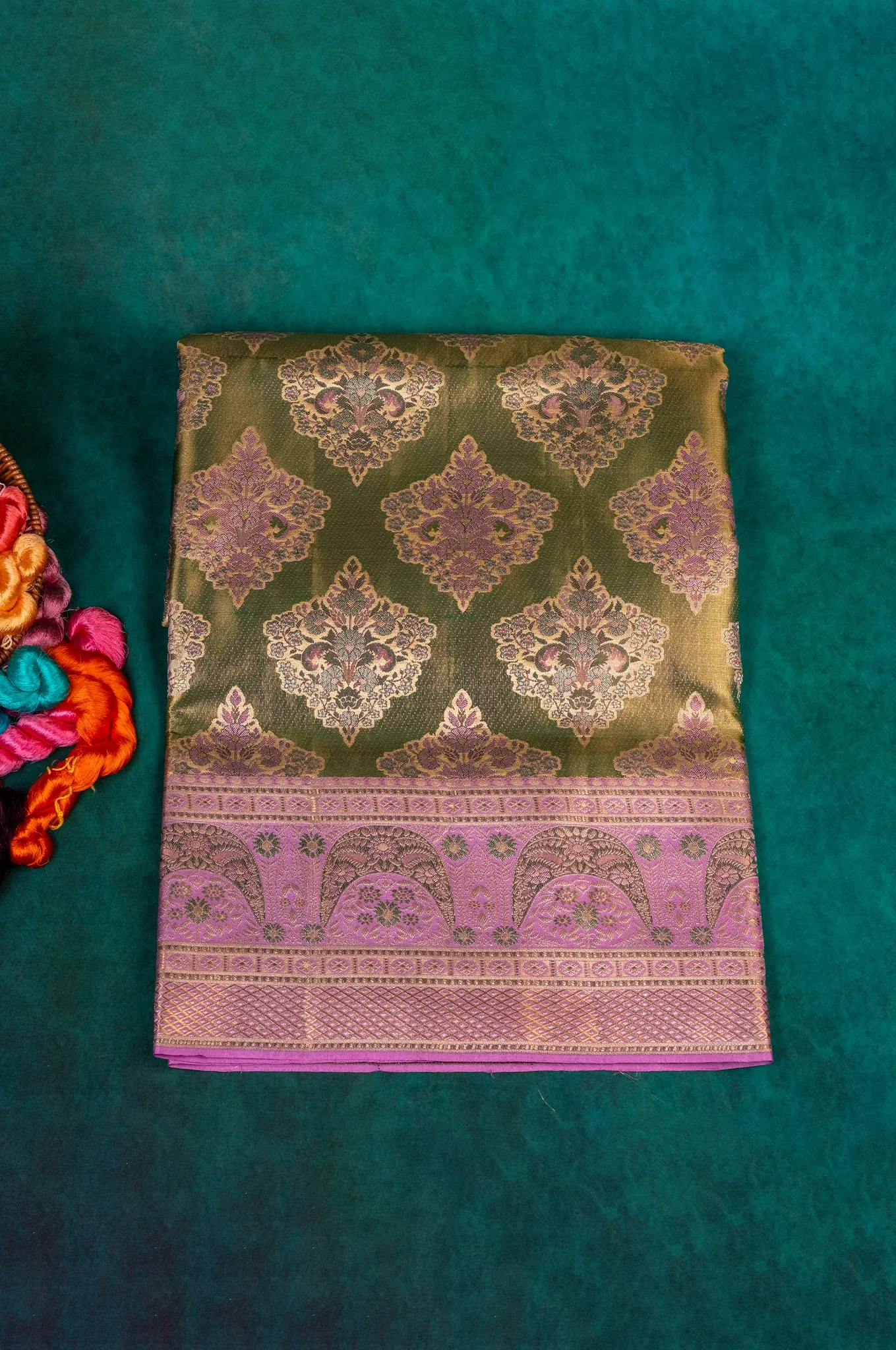 Olive Green Hue With Lilac Purple Border Kanchipuram Silk